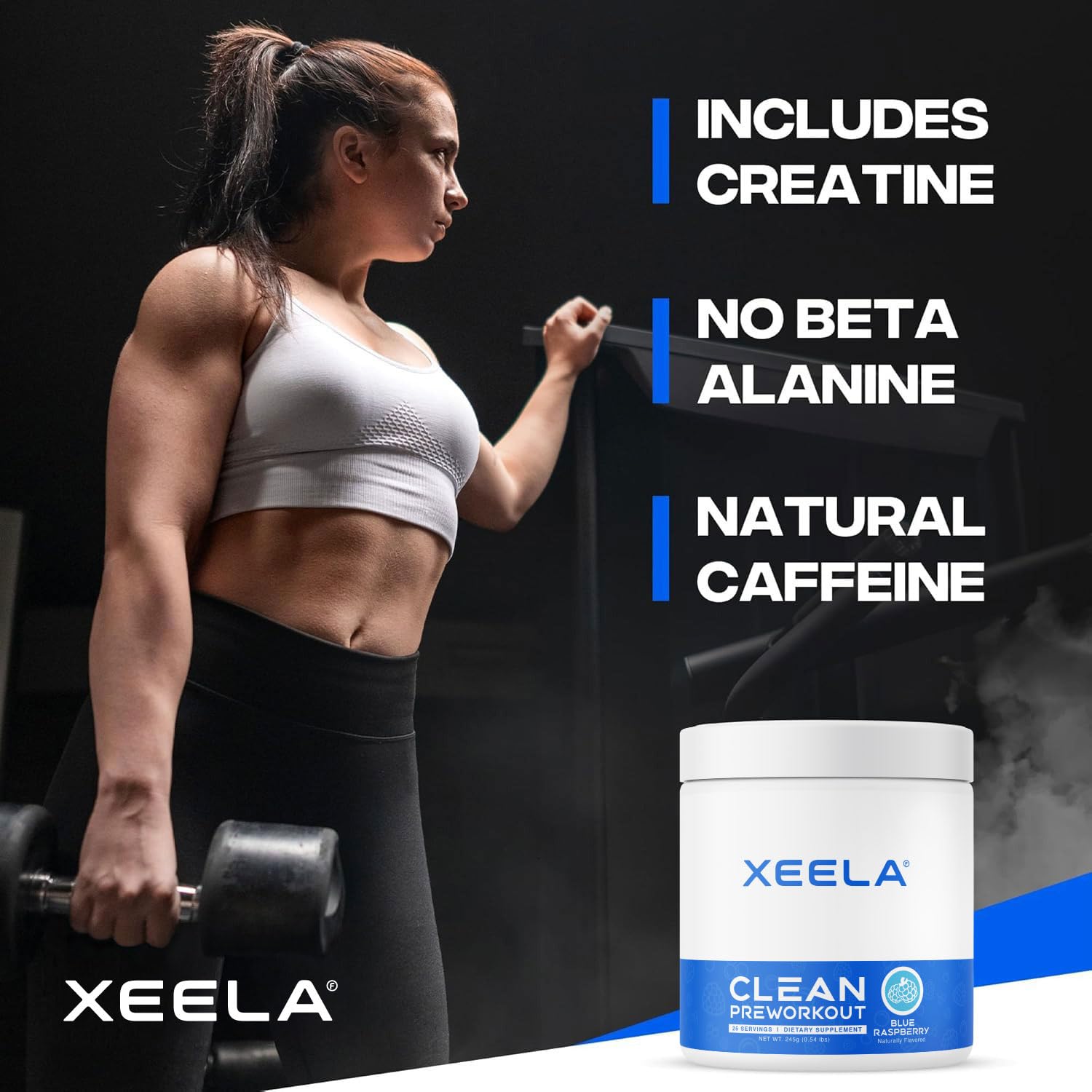 XEELA ingredients close-up highlights creatine and citrulline for endurance support