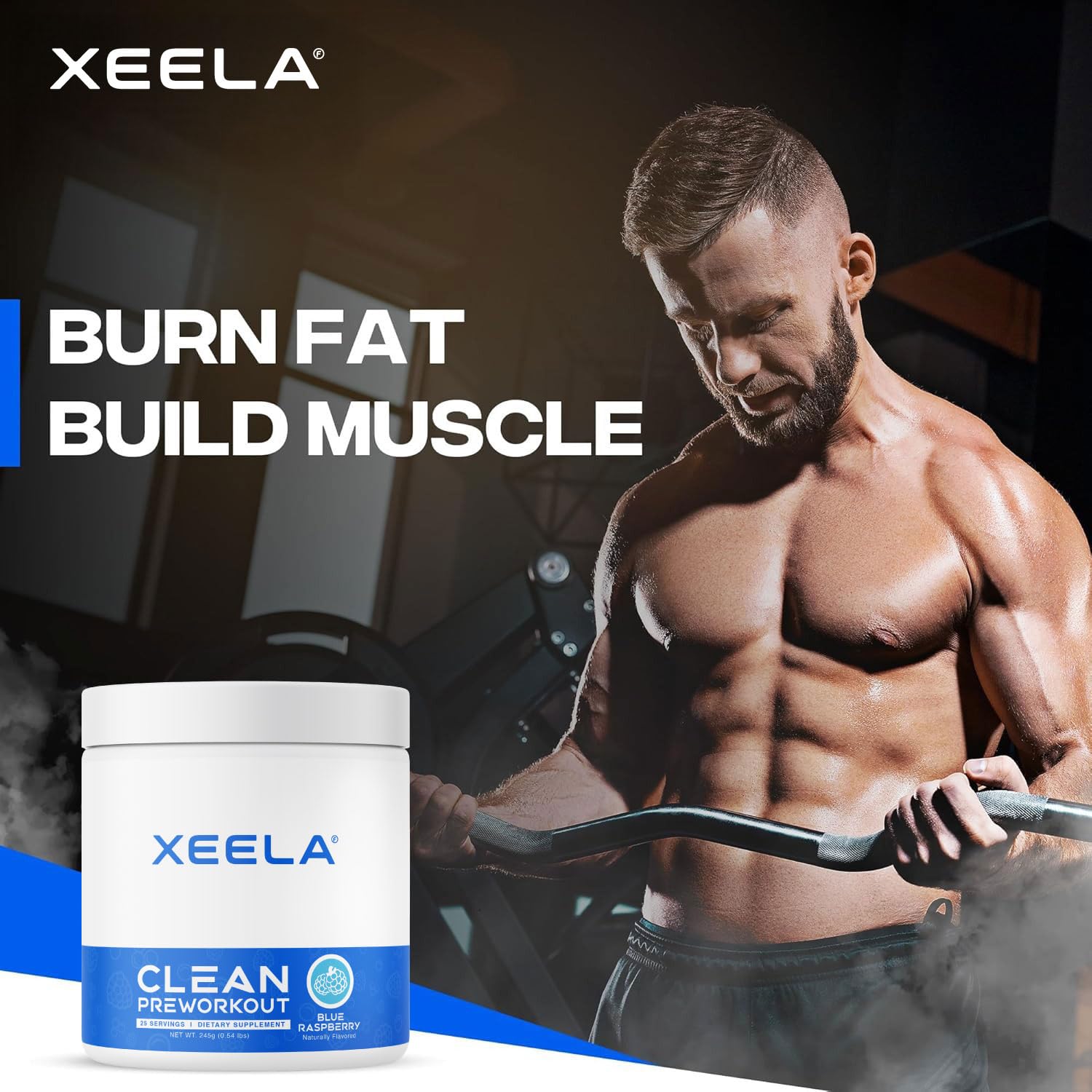 XEELA pre-workout ready ritual with blue raspberry flavor for gym performance