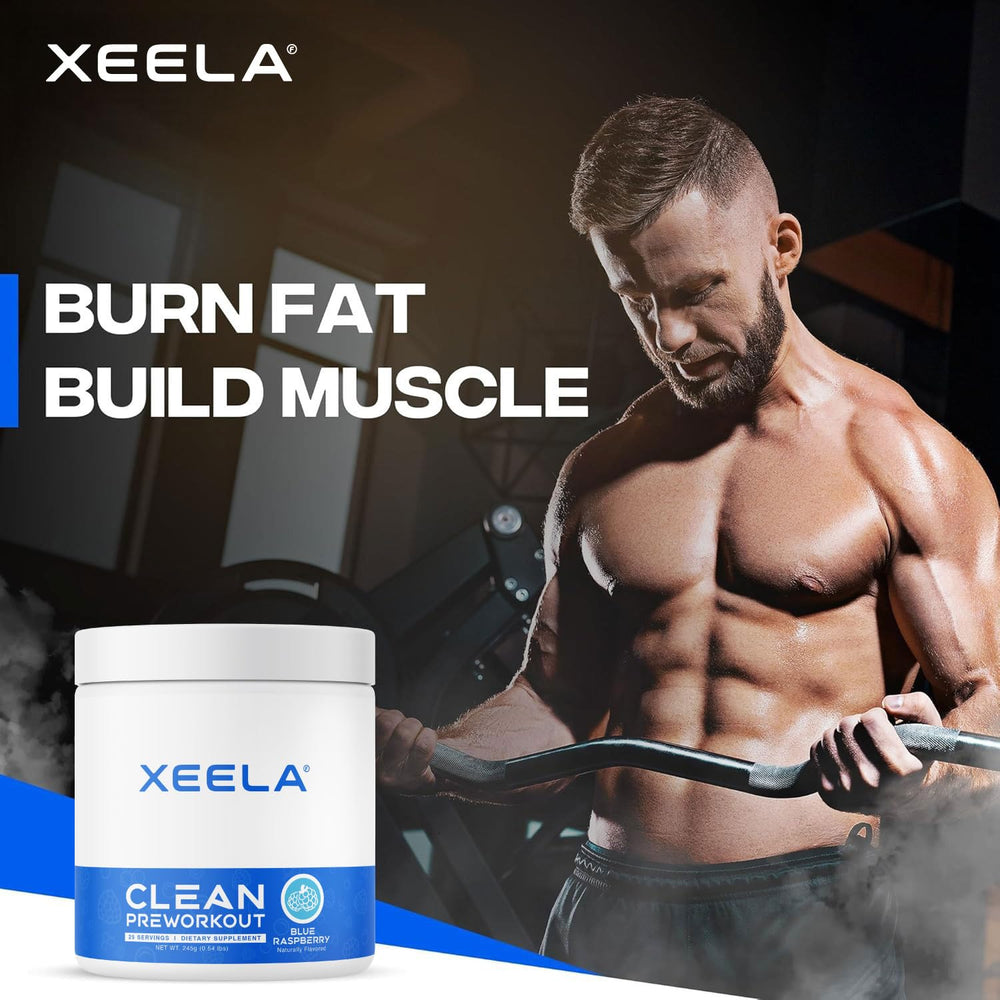 XEELA pre-workout ready ritual with blue raspberry flavor for gym performance