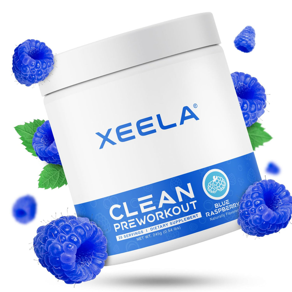 XEELA pre-workout blue raspberry tub front shows clean energy for workouts