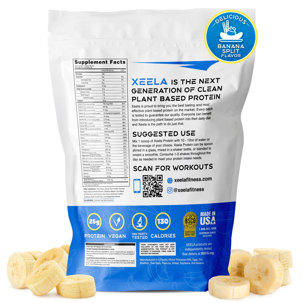 Xeela vegan protein powder Banana Split flavor scoop over white background