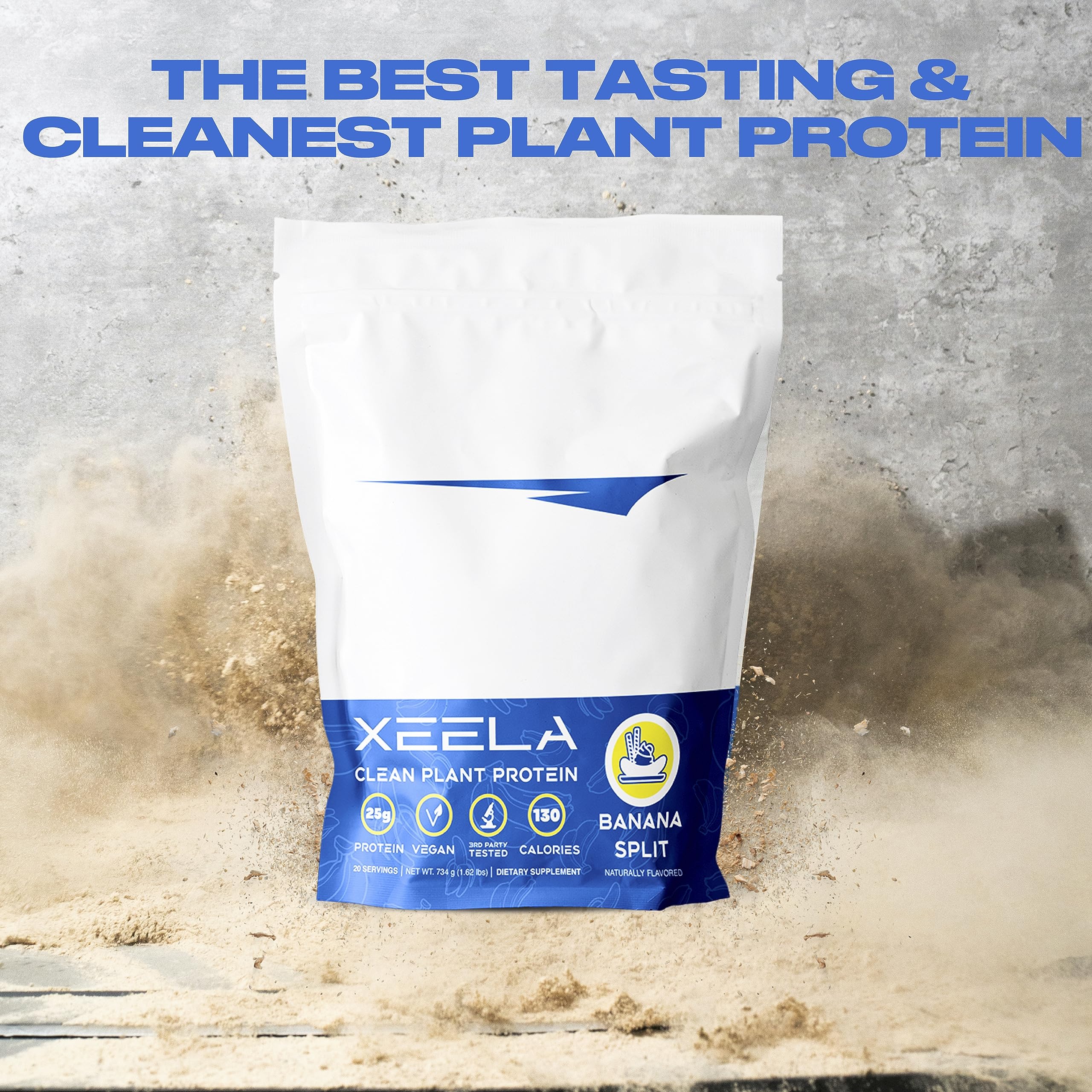 Banana Split flavor XEELA protein powder packaging front