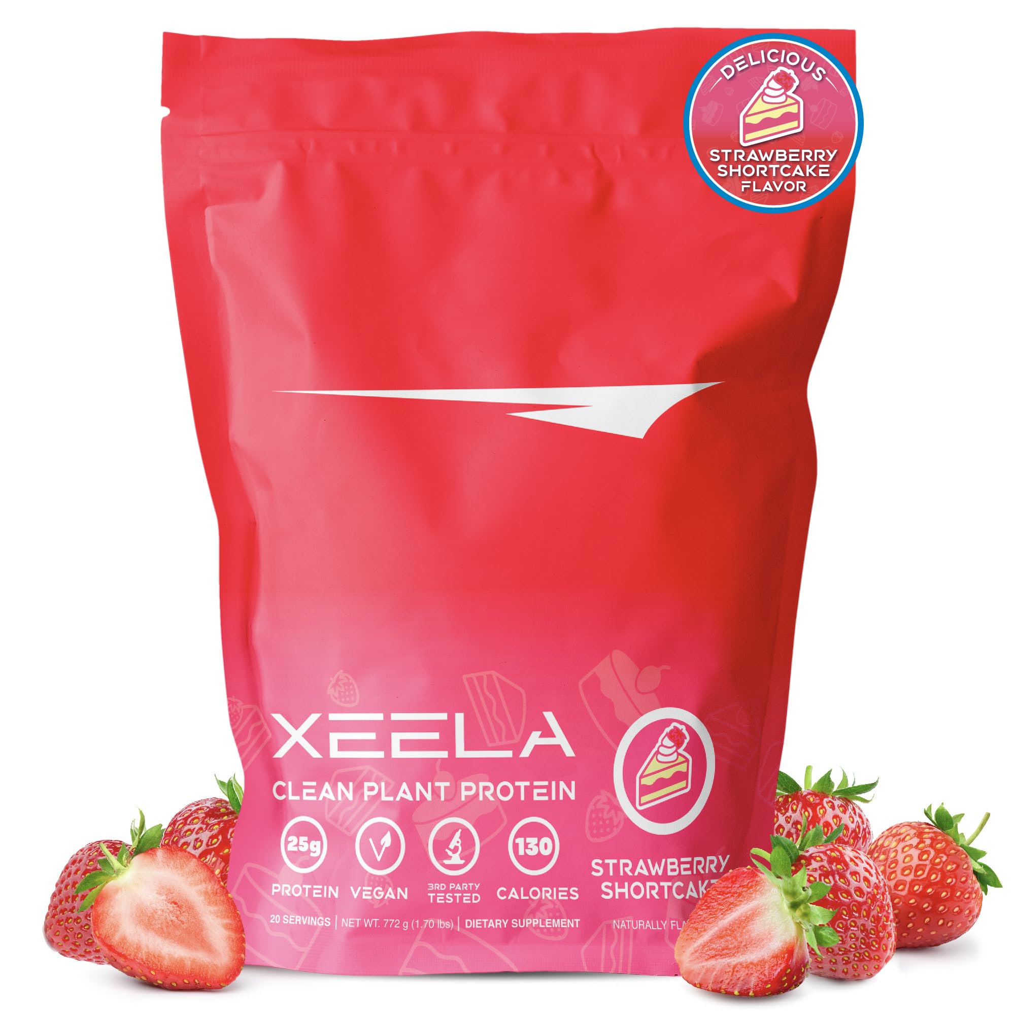 Xeela Plant Based Vegan Protein Powder Strawberry Cake tub with scoop