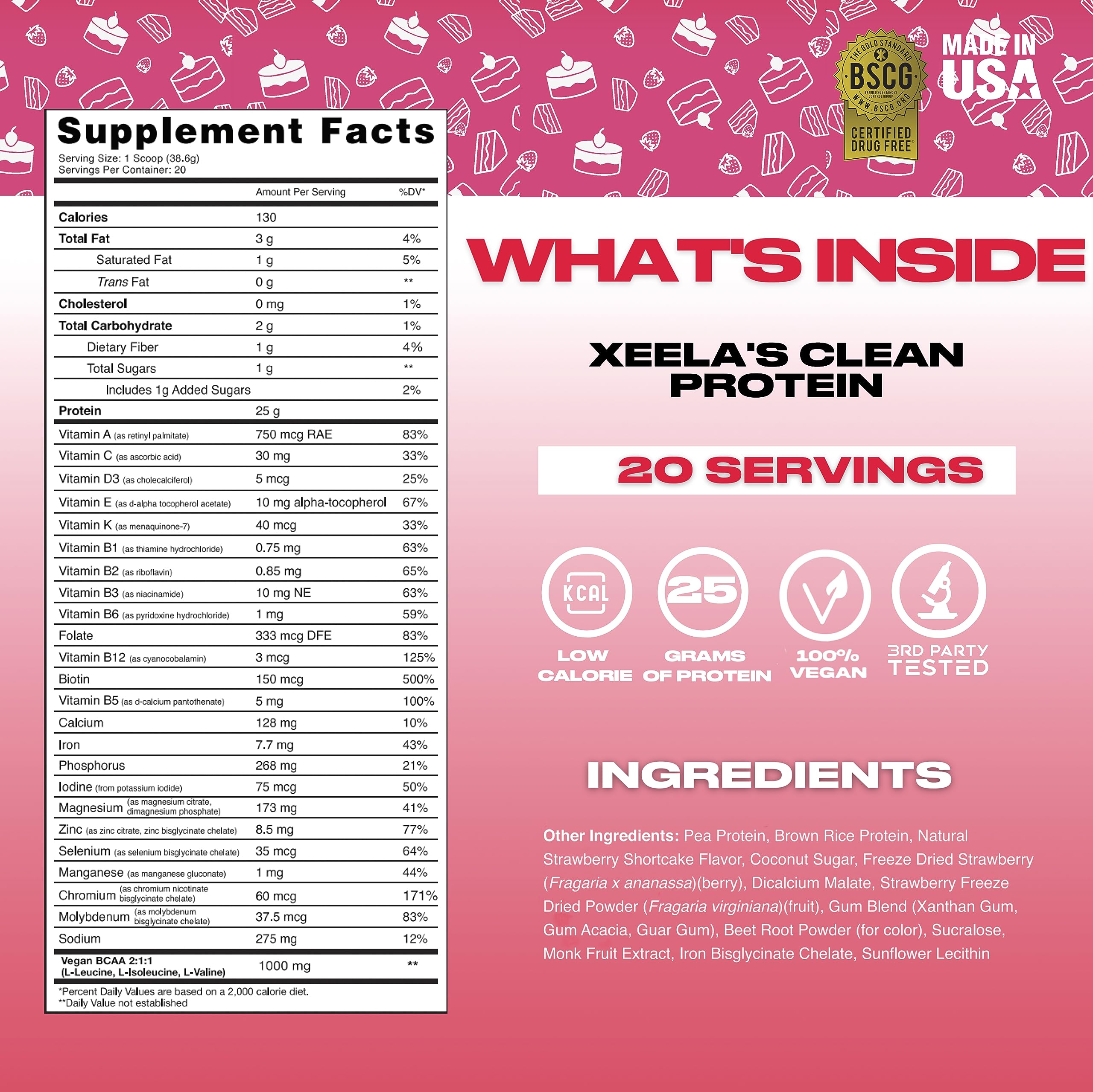 Xeela Strawberry Cake plant-based protein powder poured into a scoop
