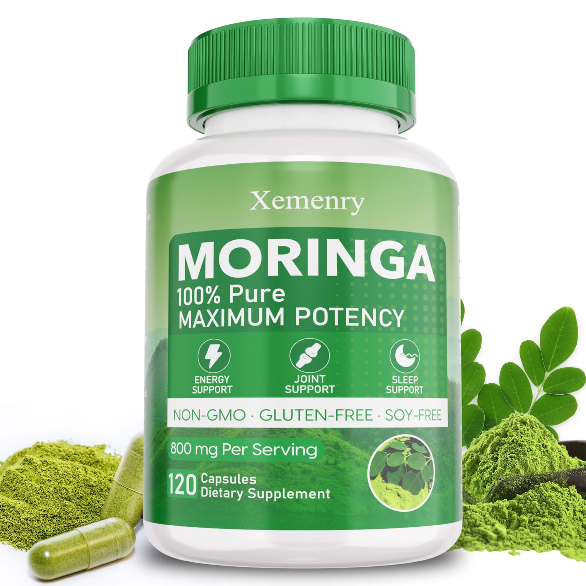 Front view of Xemenry Moringa Capsules 800mg bottle