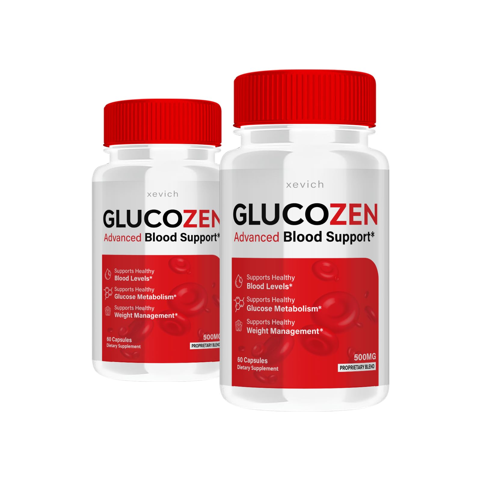 Two bottles of Xevich Glucozen Gluco Zen Advanced Capsules (2 Pack, 120 Capsules) – front view