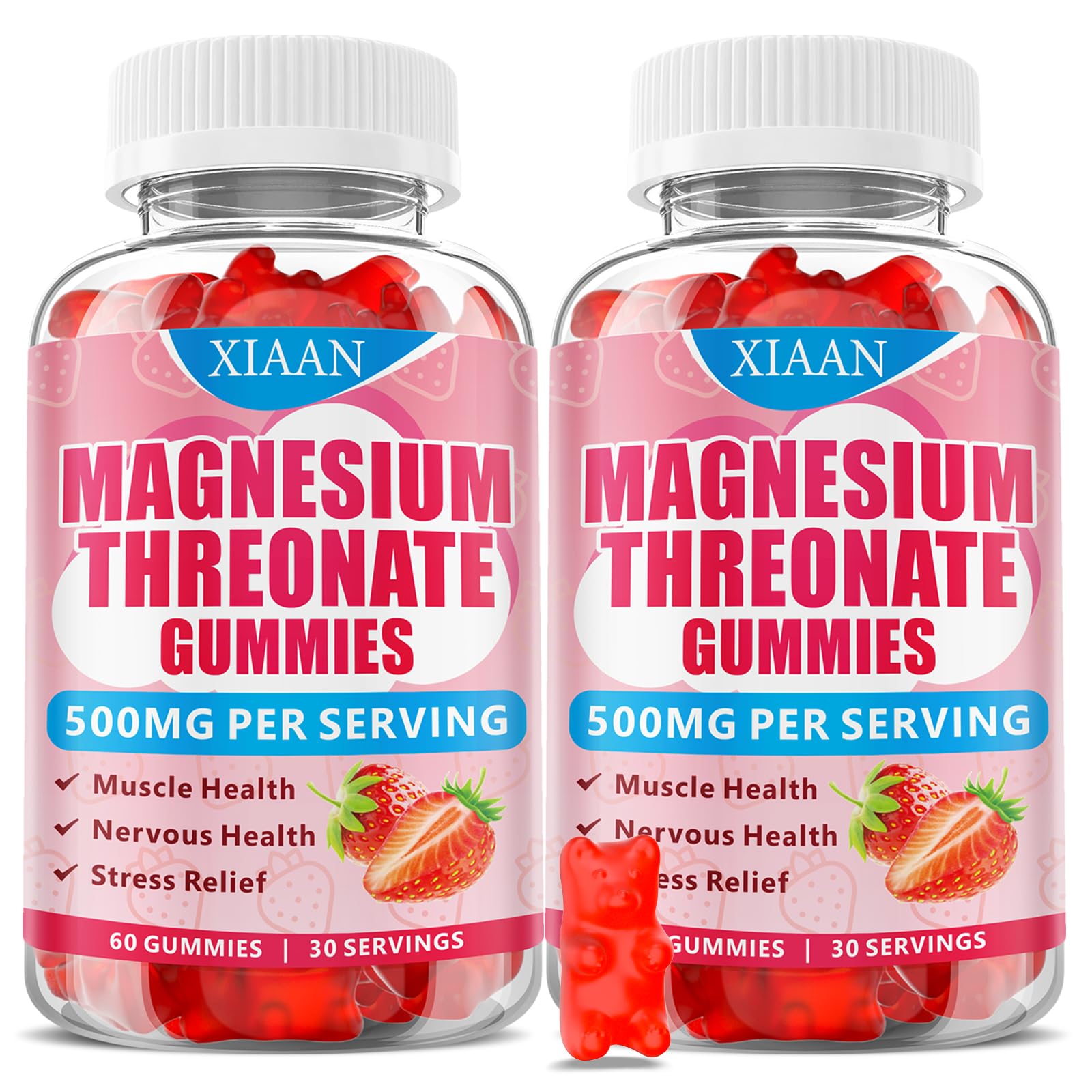 XIAAN Magnesium L-Threonate Gummies 500mg strawberry flavor bottle, 120 count