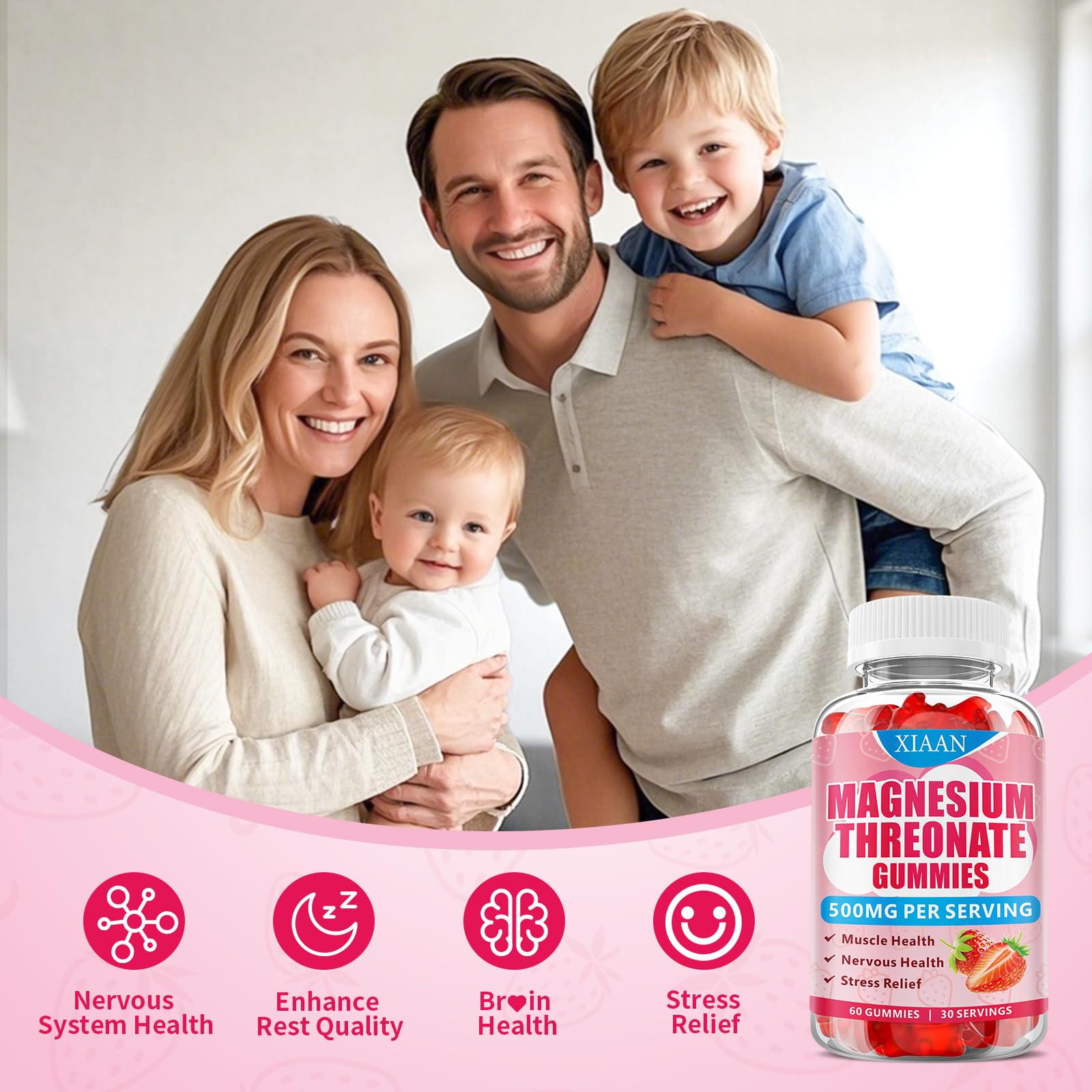 Magnesium L-Threonate gummies suitable for kids and adults in strawberry flavor