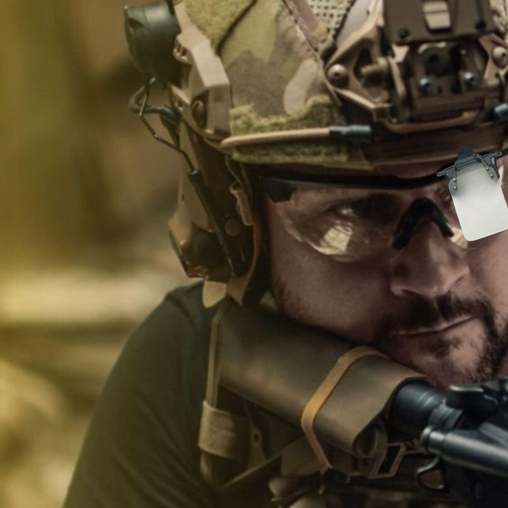 Archery and shooting occluder clip-on eye mask in use