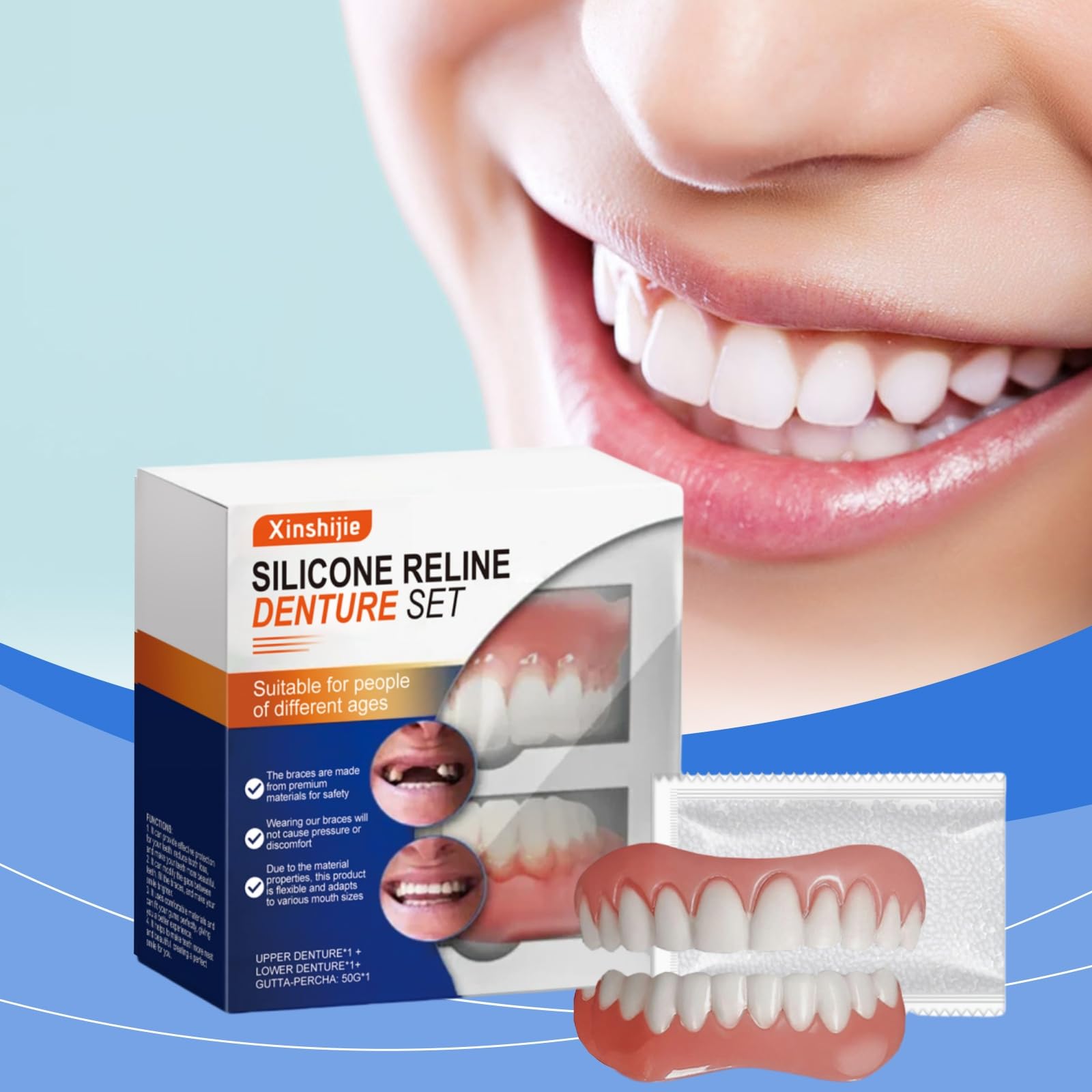 Close-up of silicone liners molding to dentures