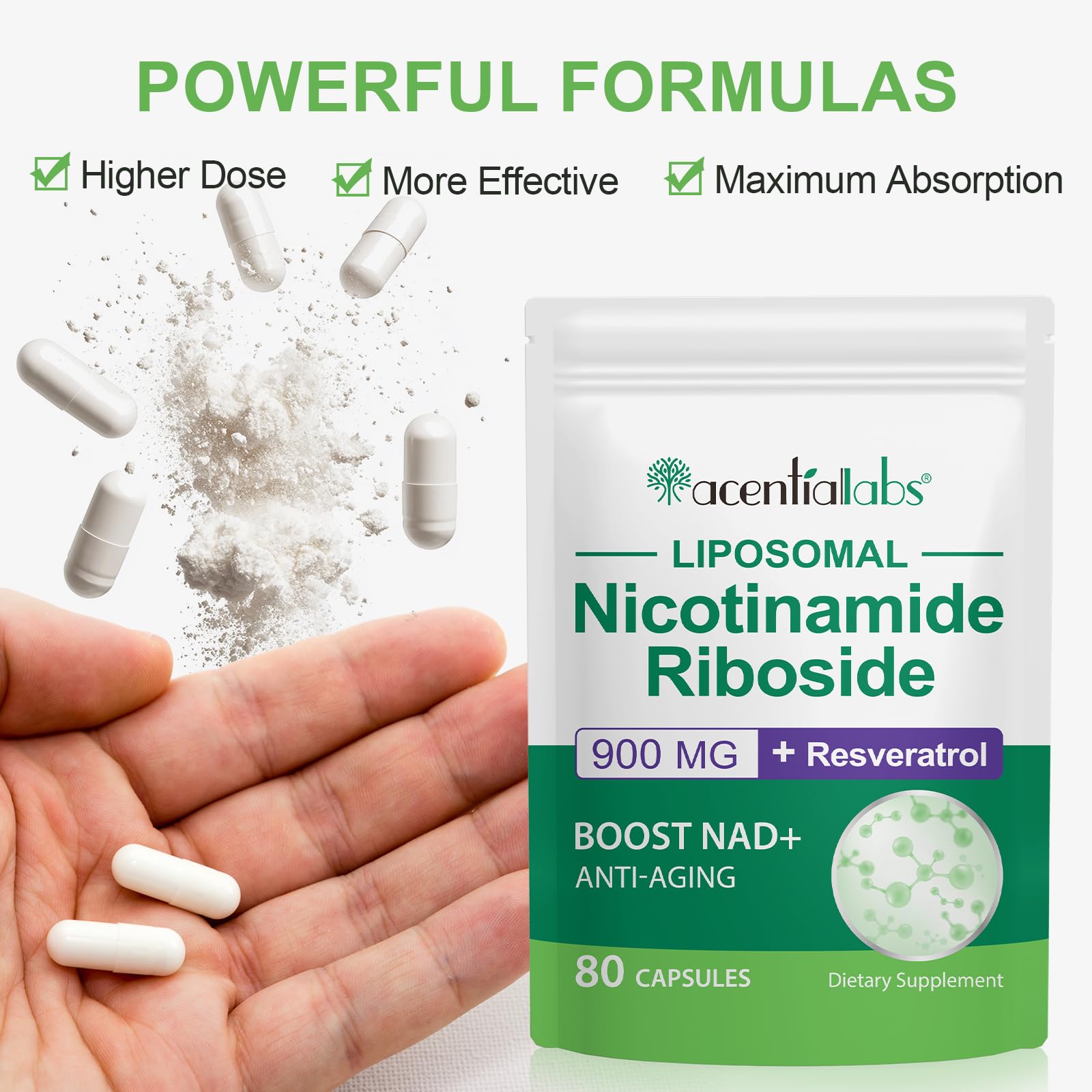 Ingredient label highlighting 900 mg Nicotinamide Riboside and Resveratrol