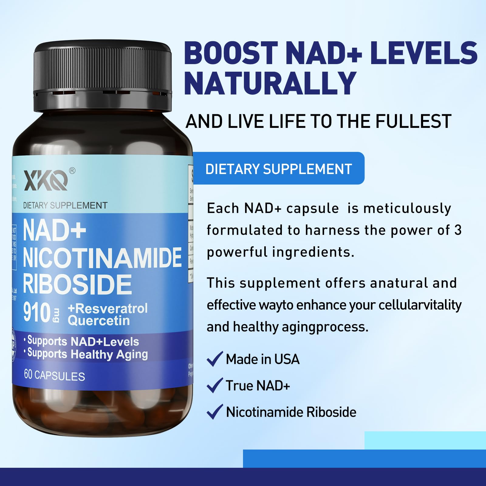 Close-up of ingredients showing Nicotinamide Riboside, Resveratrol and Quercetin