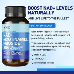 Close-up of ingredients showing Nicotinamide Riboside, Resveratrol and Quercetin
