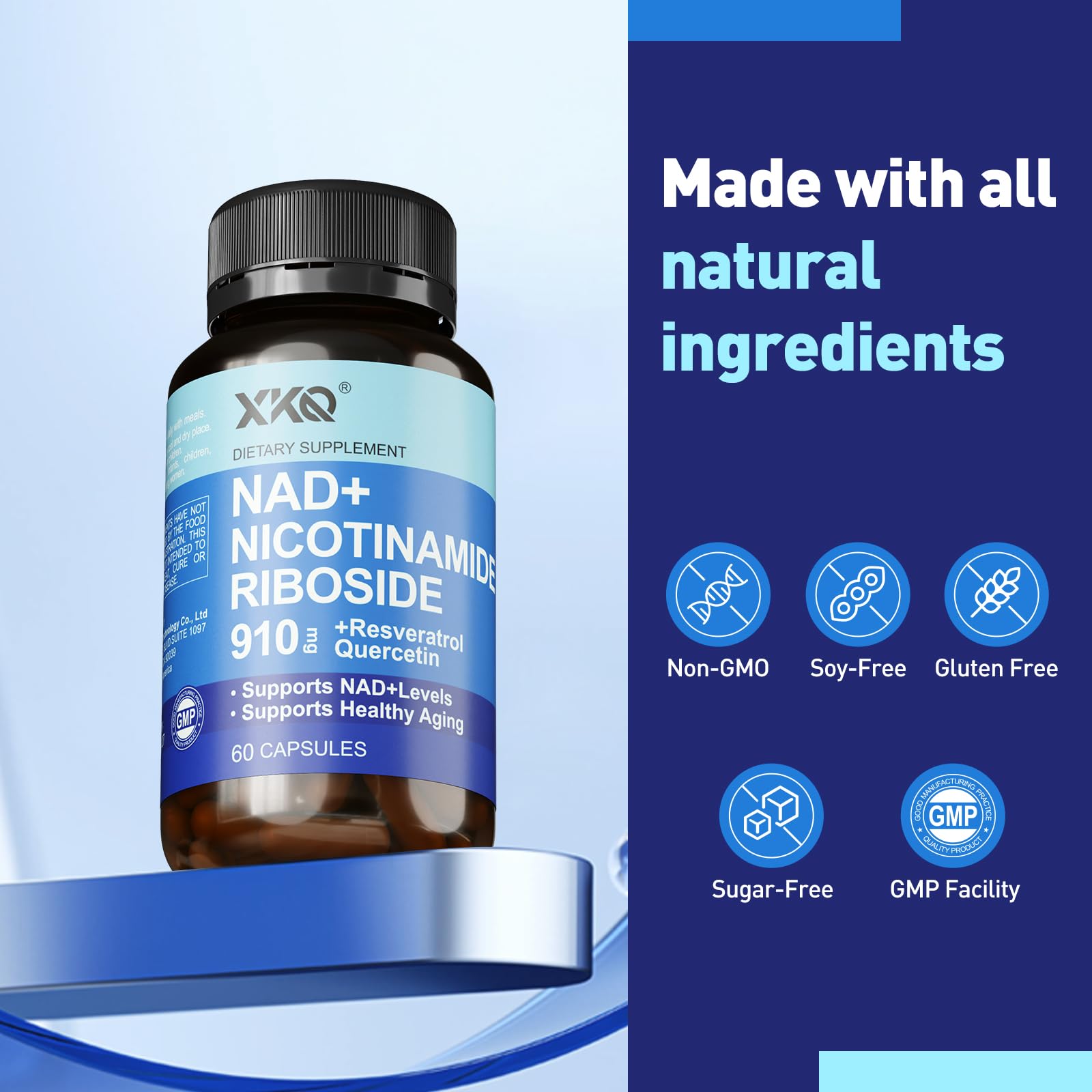 Back of XKQ NAD+ supplement bottle with supplement facts