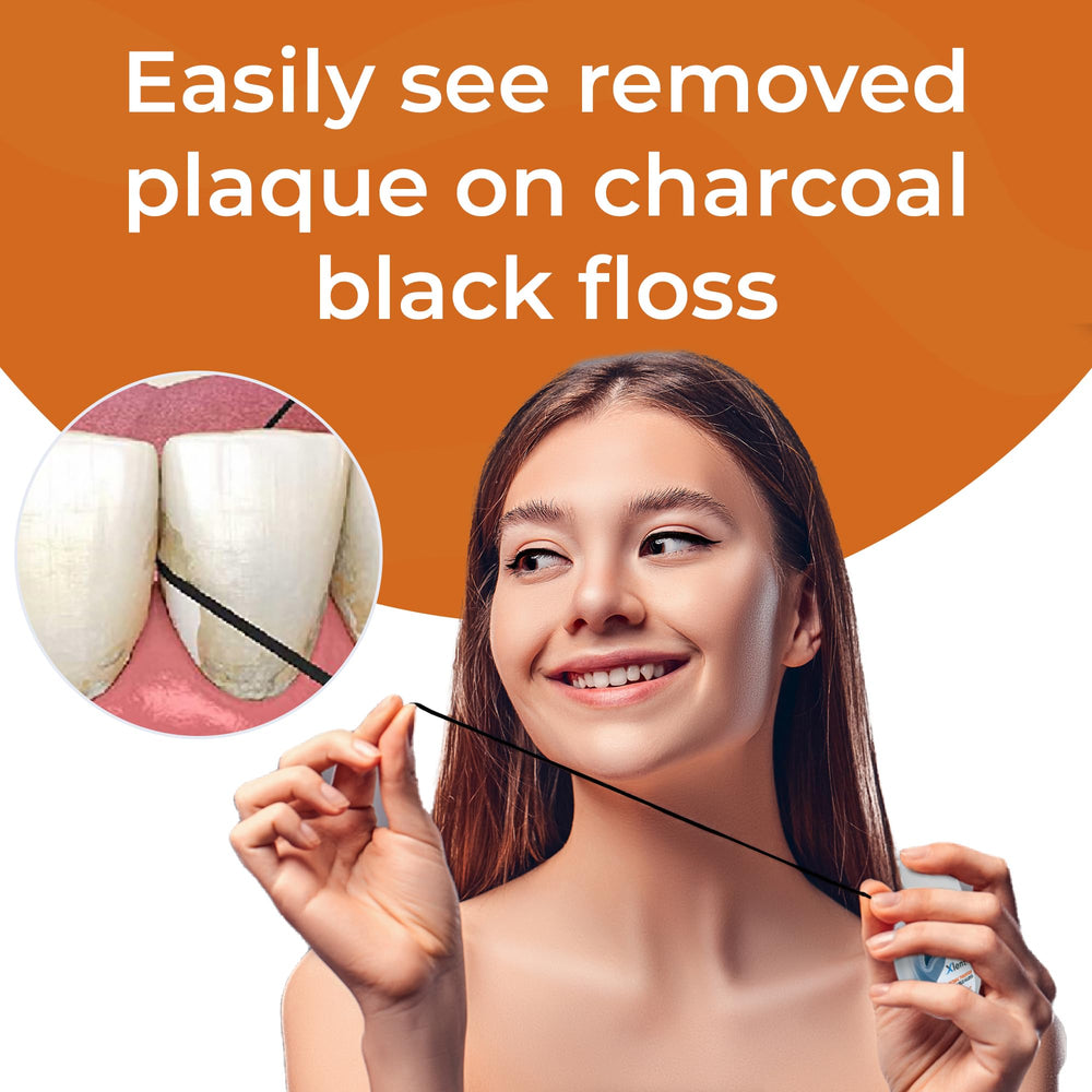 Close-up of expandable floss showing charcoal and wax coating