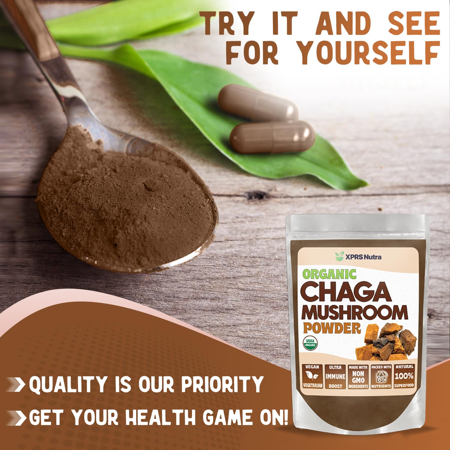 Chaga powder added to smoothie for vegan nutrition