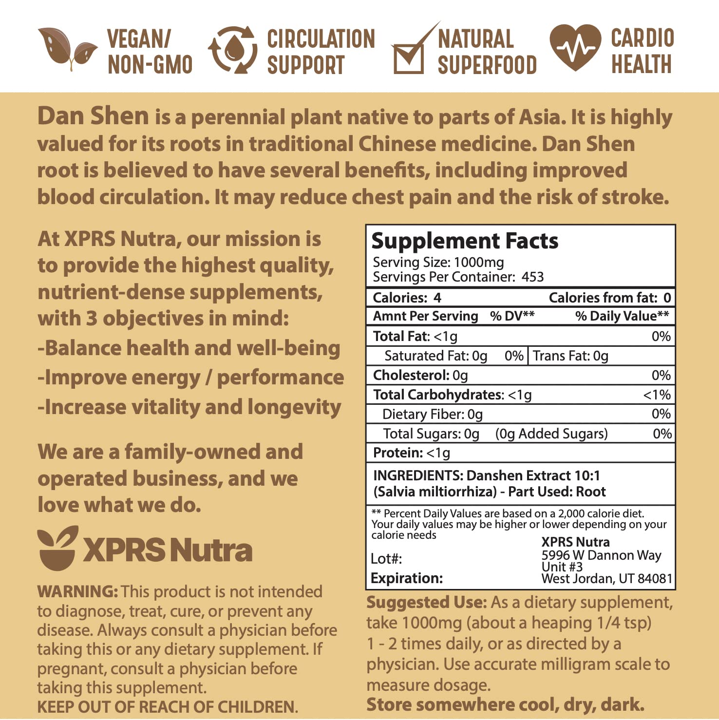 Dan Shen root ingredients and label details