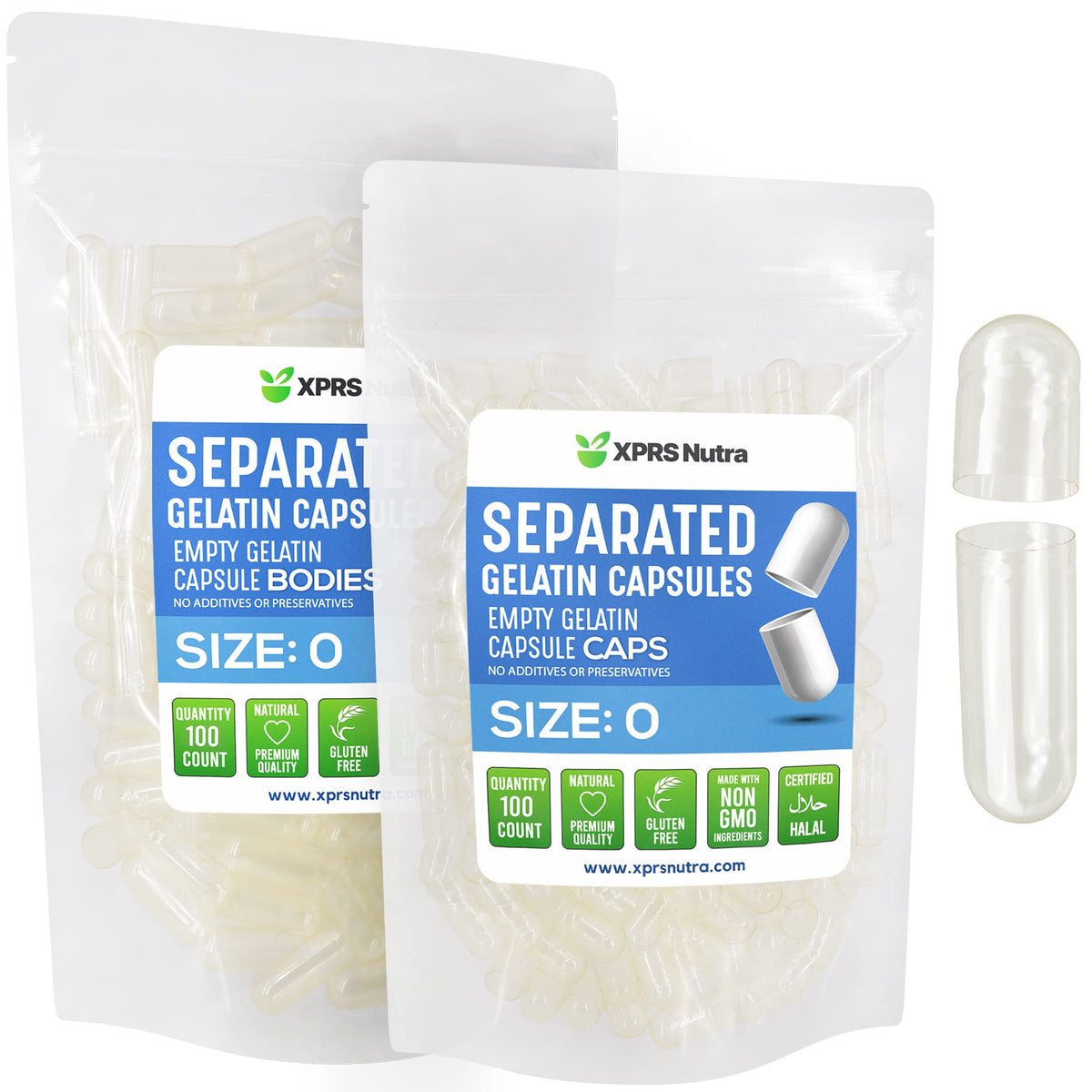 Clear gelatin capsules size 0, pre-separated in bags