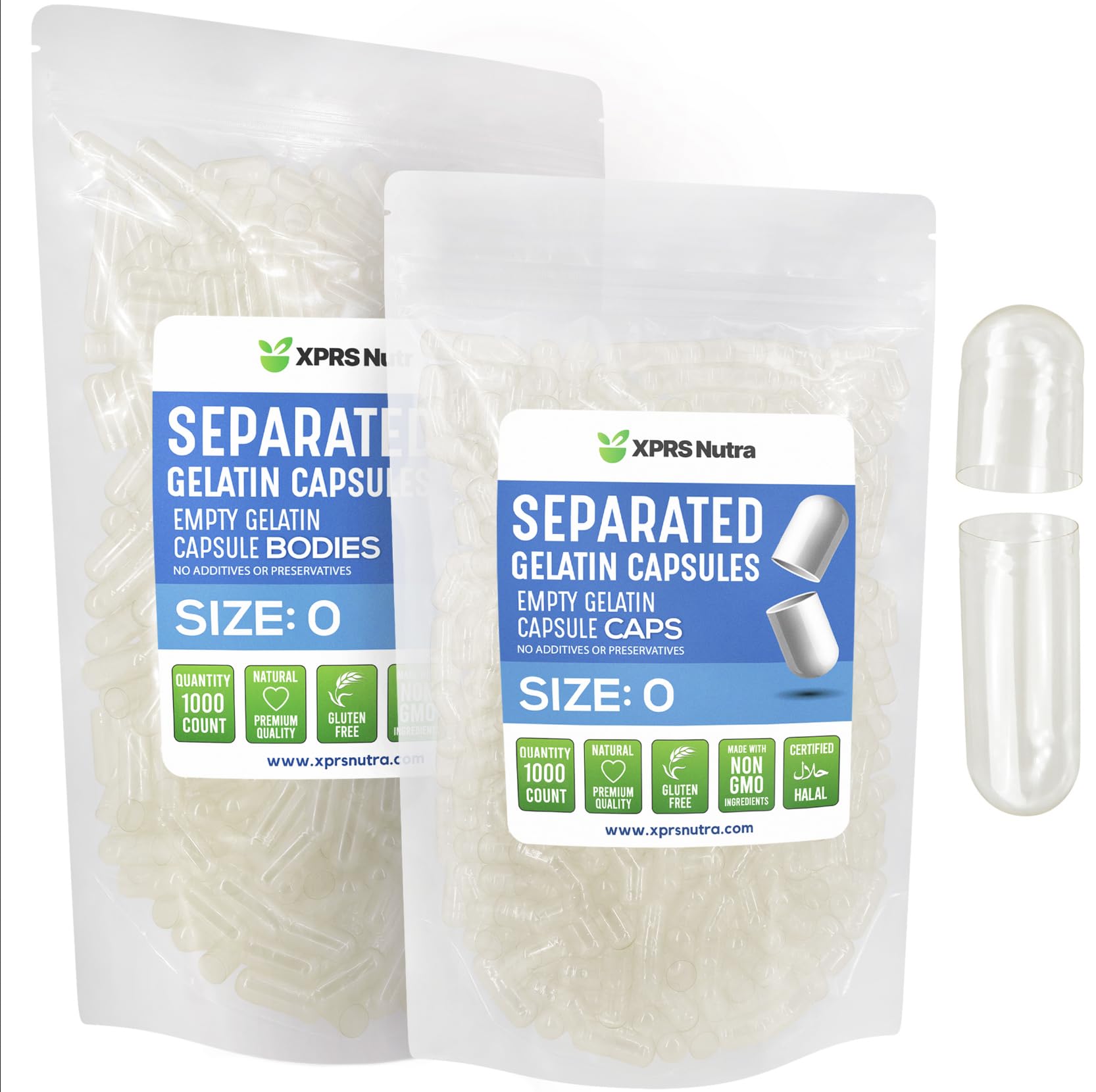 XPRS Nutra gelatin size 0 separated capsules in a clear bag