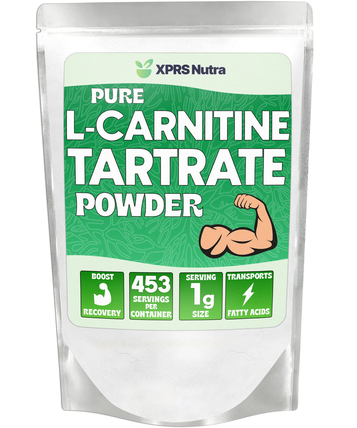 XPRS Nutra L Carnitine Tartrate Powder bottle signals premium vegan energy support for workouts.