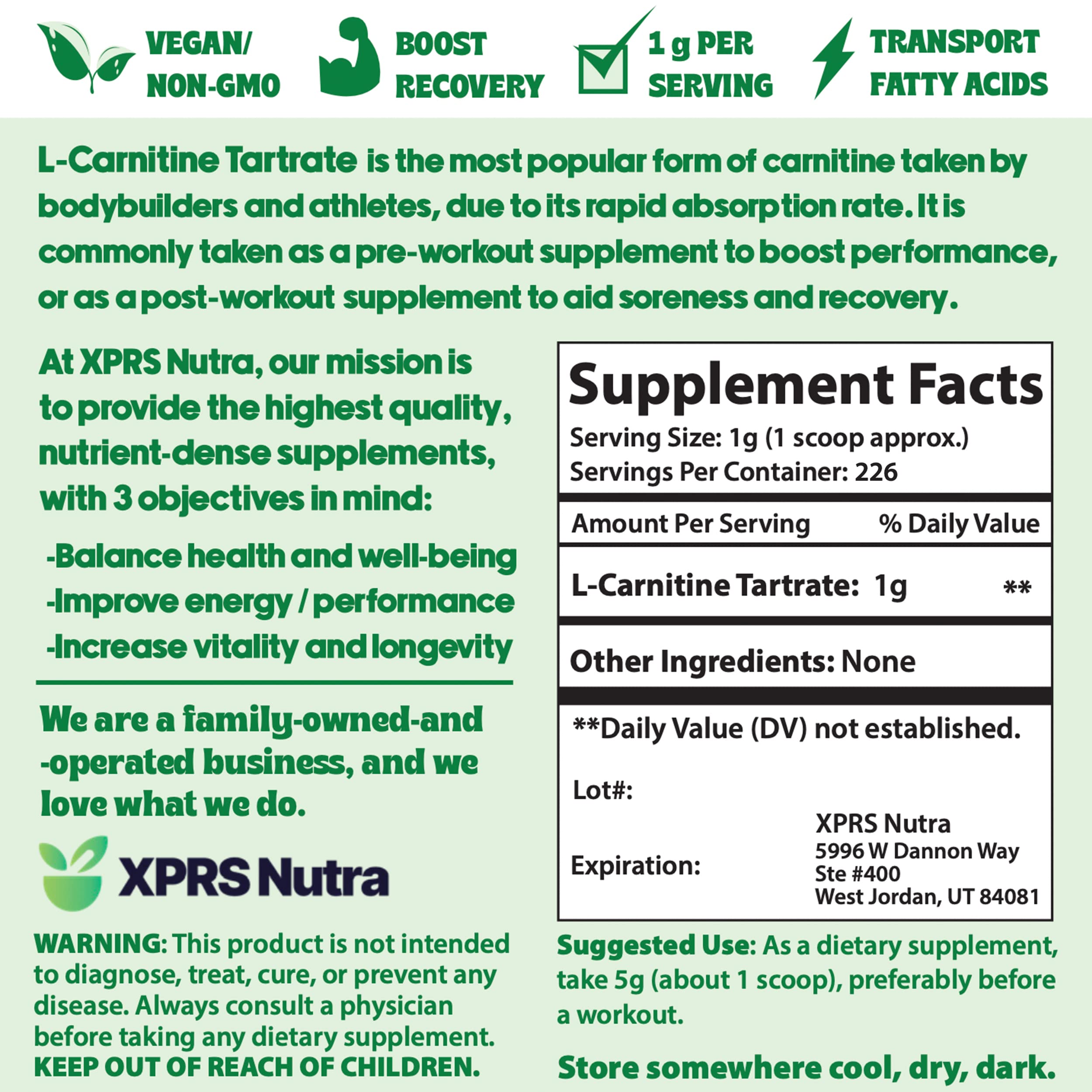 XPRS Nutra L-Carnitine Tartrate powder container signals premium quality and ethics.