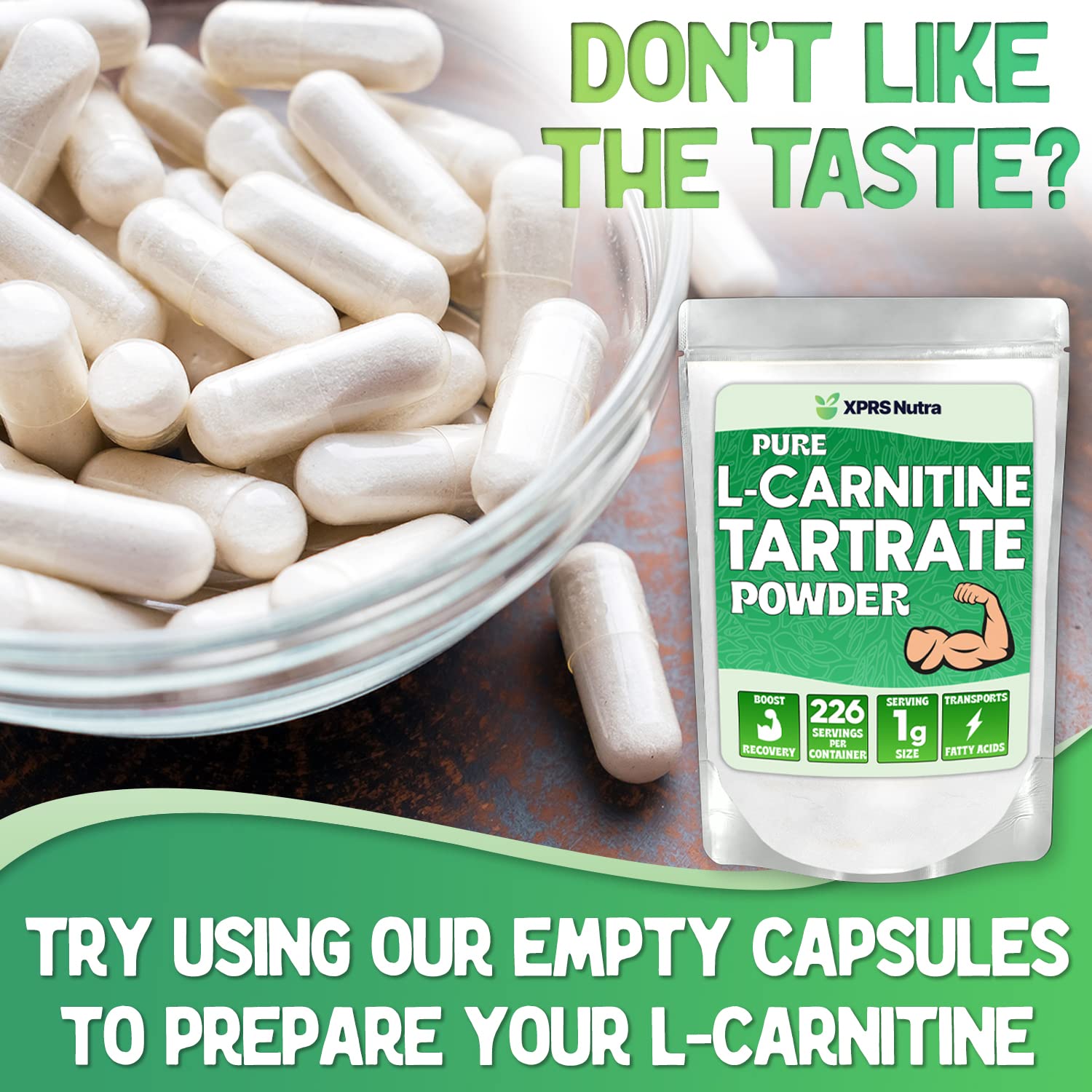 XPRS Nutra L-Carnitine Tartrate powder in a shaker suggests on-the-go energy supplementation.