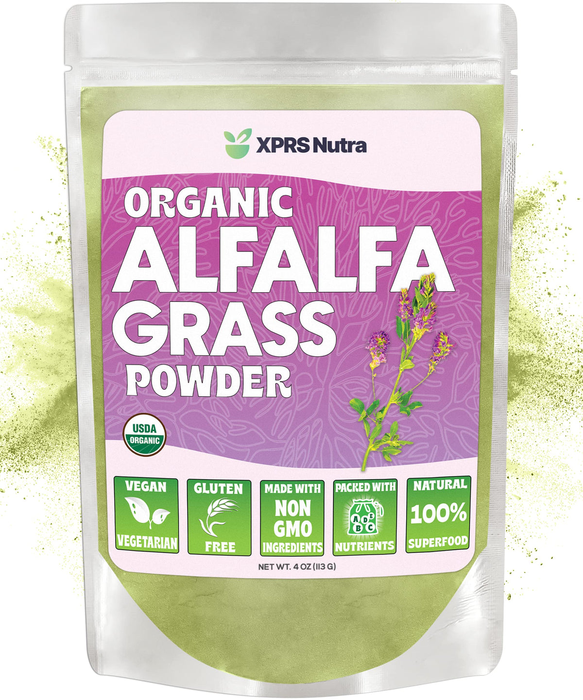XPRS Nutra Organic Alfalfa Powder packaging (4 oz)