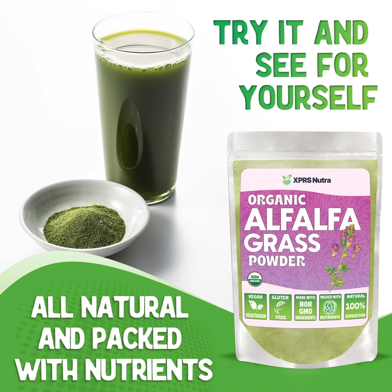Nutrition and ingredients on alfalfa powder label