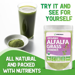 Nutrition and ingredients on alfalfa powder label