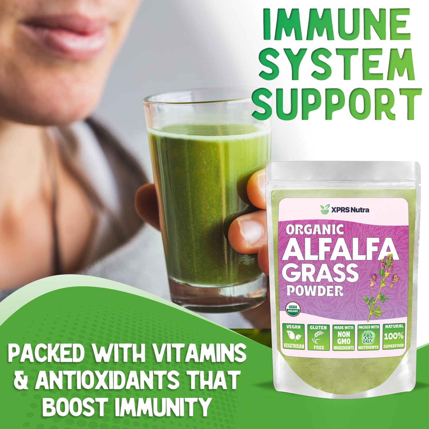 Alfalfa powder being added to a smoothie