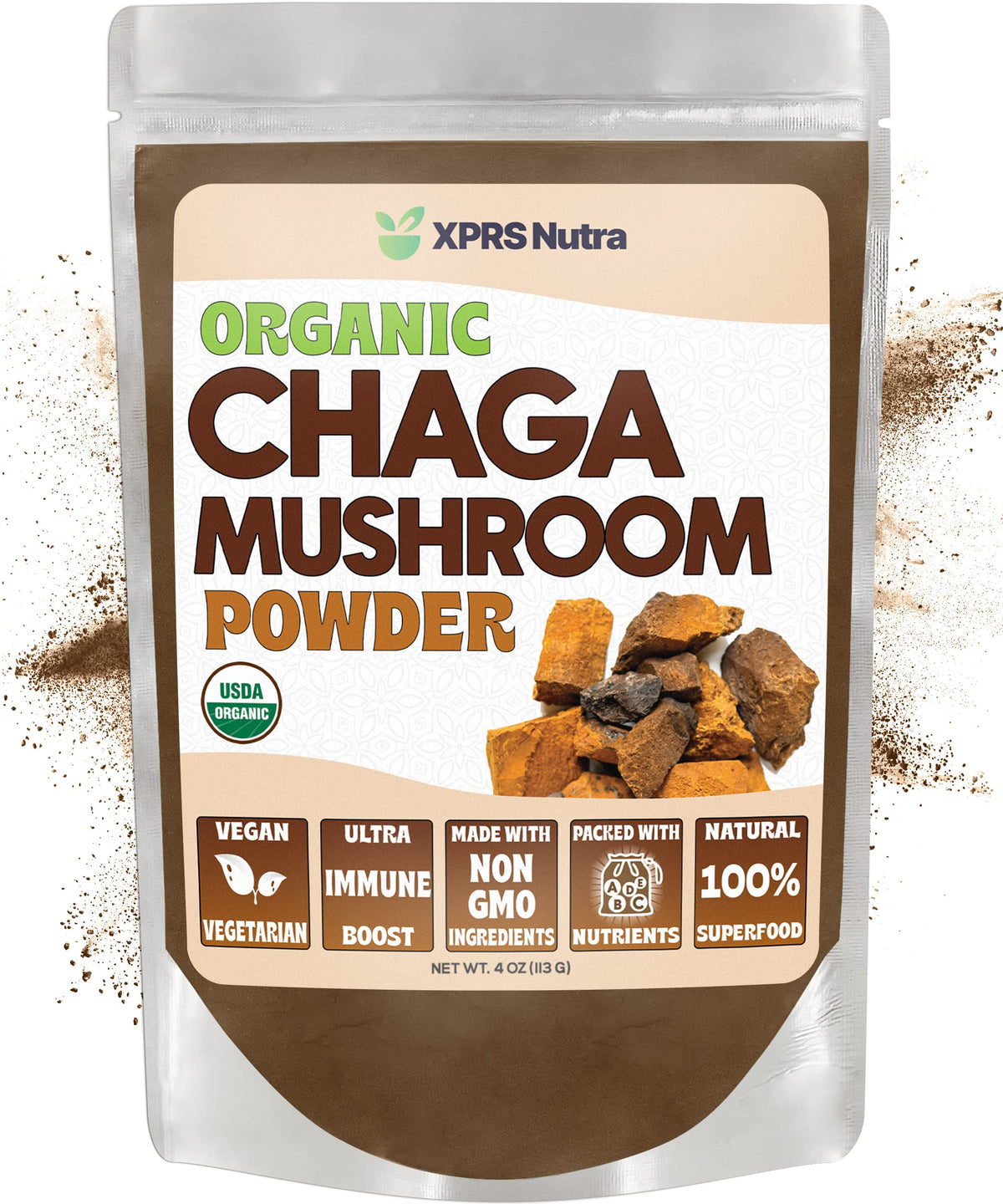 Front view of XPRS Nutra Organic Chaga Mushroom Powder 4 oz