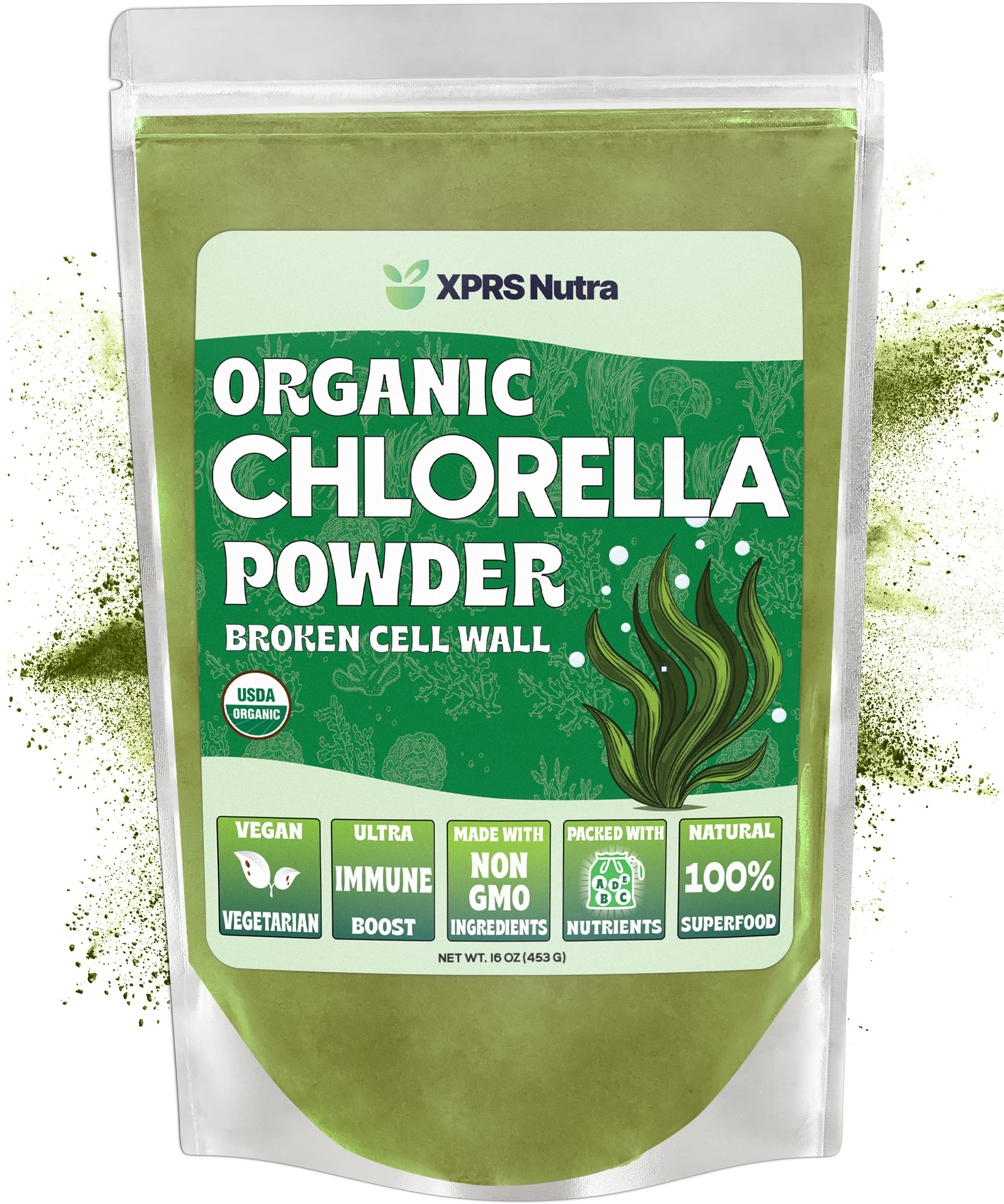 Front view of XPRS Nutra Organic Chlorella Powder with broken cell wall, 16 oz