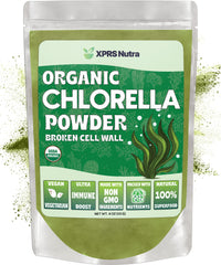 Front view of XPRS Nutra Organic Chlorella Powder broken cell wall 4 oz bottle