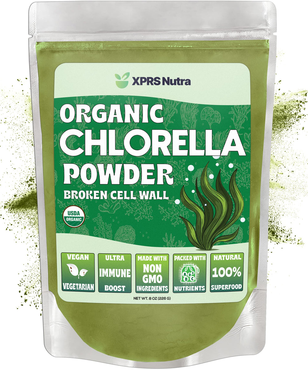 Broken cell wall chlorella powder in 8 oz packaging – vibrant green