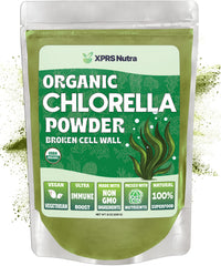 Broken cell wall chlorella powder in 8 oz packaging – vibrant green