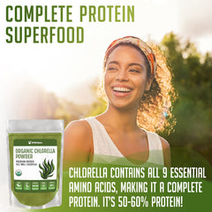 Close-up of organic chlorella powder – bright green color