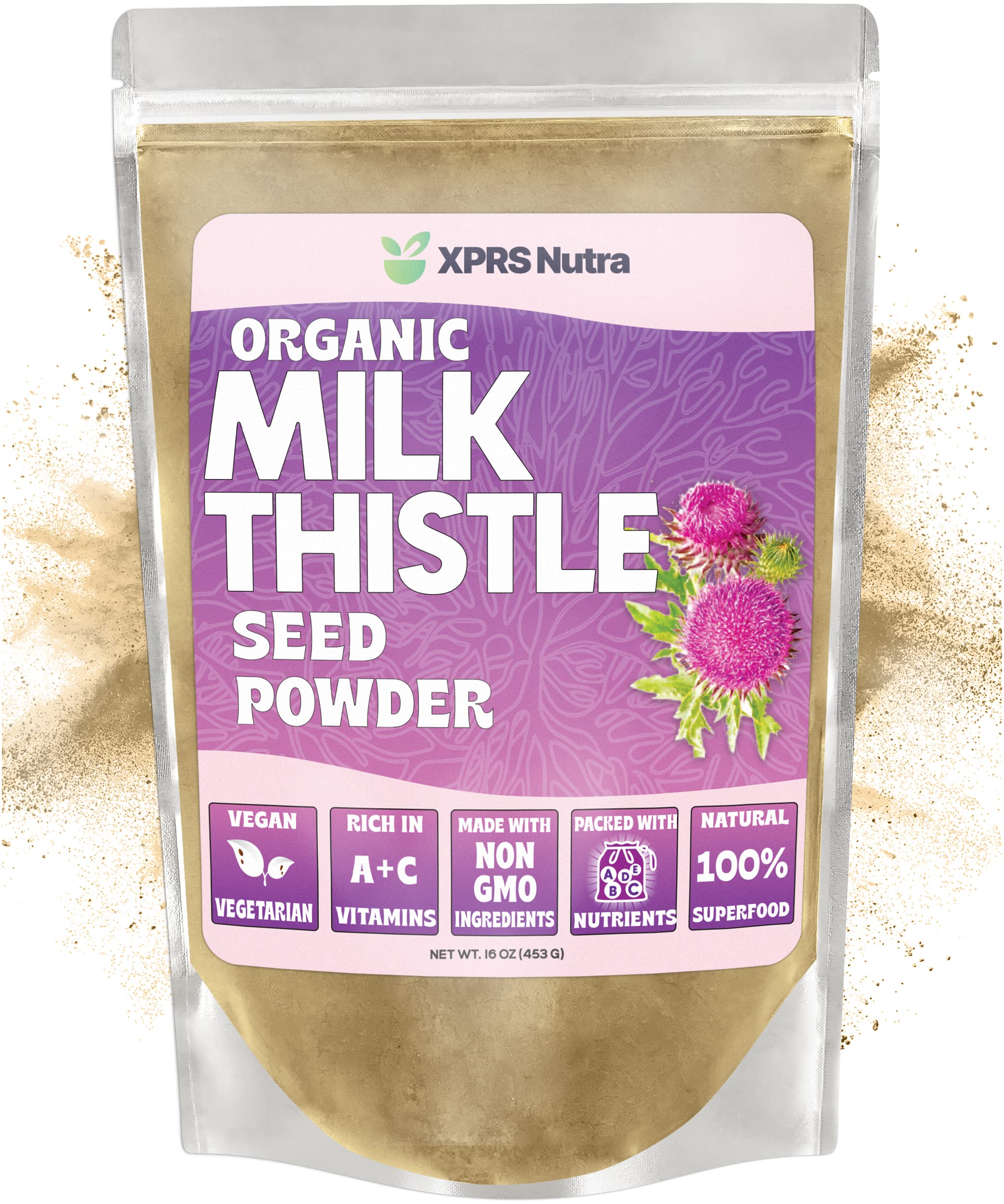 Front view of XPRS Nutra Organic Milk Thistle Seed Powder 16 oz