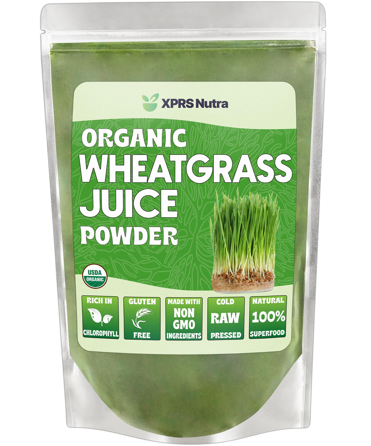 XPRS Nutra Organic Wheatgrass Juice Powder 4oz front label
