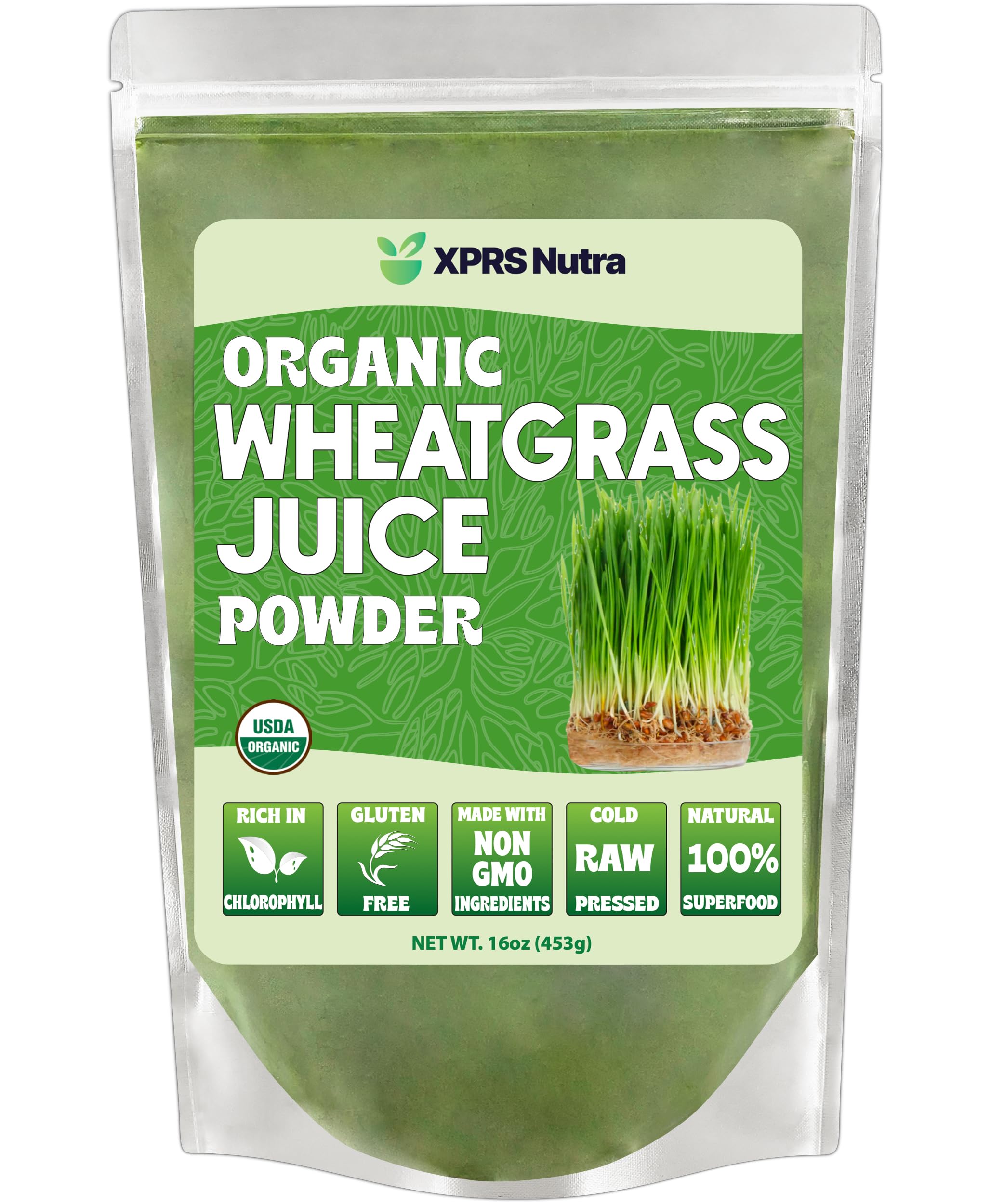 Front view of XPRS Nutra Organic Wheatgrass Juice Powder 16 oz