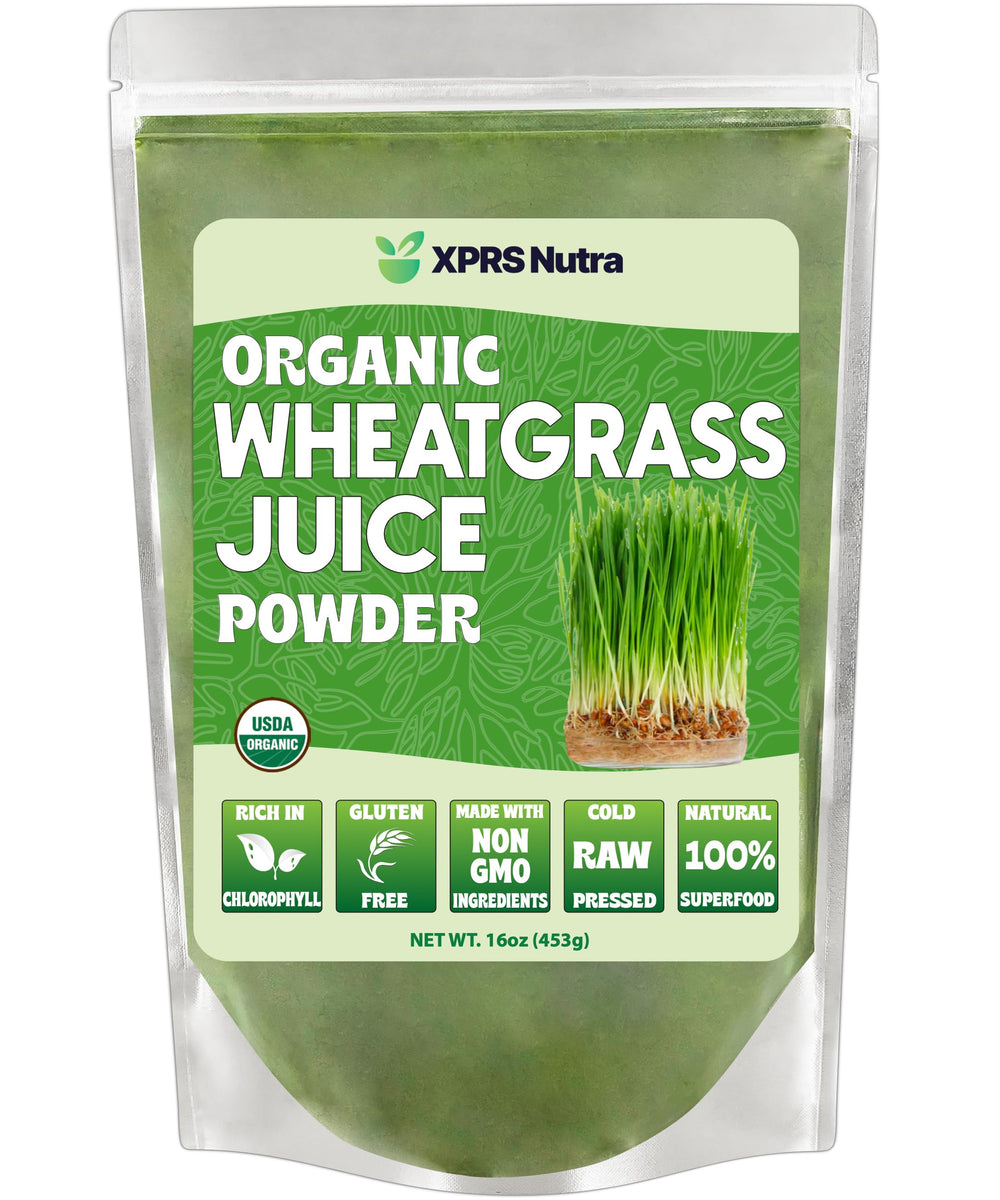 Front view of XPRS Nutra Organic Wheatgrass Juice Powder 16 oz
