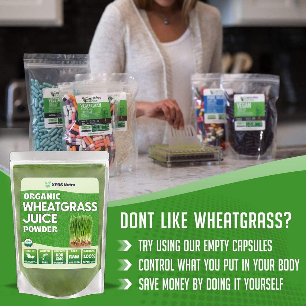 XPRS Nutra Wheatgrass Juice Powder being added to a shake