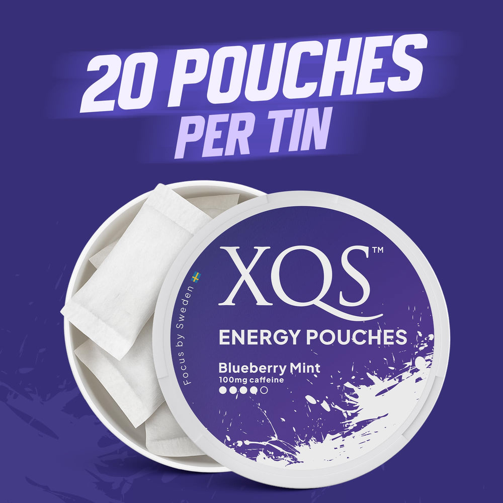 XQS all-white energy pouch close-up emphasizes discreet, stain-free design.
