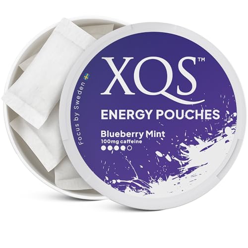 Blueberry mint energy pouch close-up by XQS highlights flavor and clean caffeine boost.