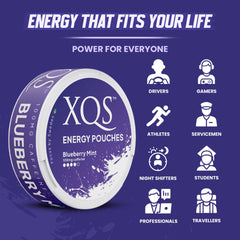 XQS Blueberry Mint tin open reveals 20 all-white pouches.