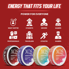 XQS Black Cherry flavor energy pouches in a 20-count tin