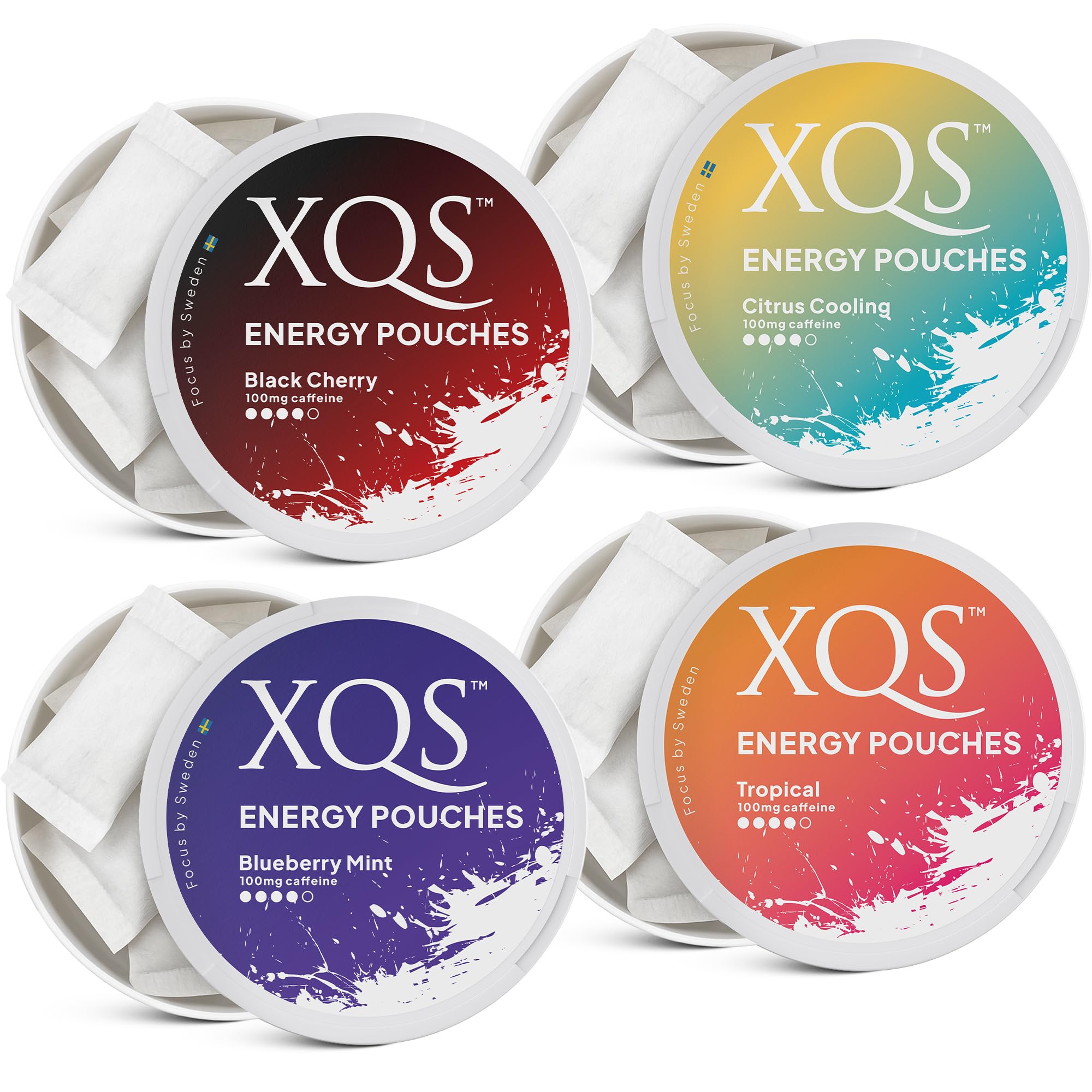 XQS Energy Pouches tin front view offering a clean caffeine boost on the go.