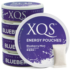XQS packaging shows blueberry-mint energy pouches, offering nicotine-free energy on the go.