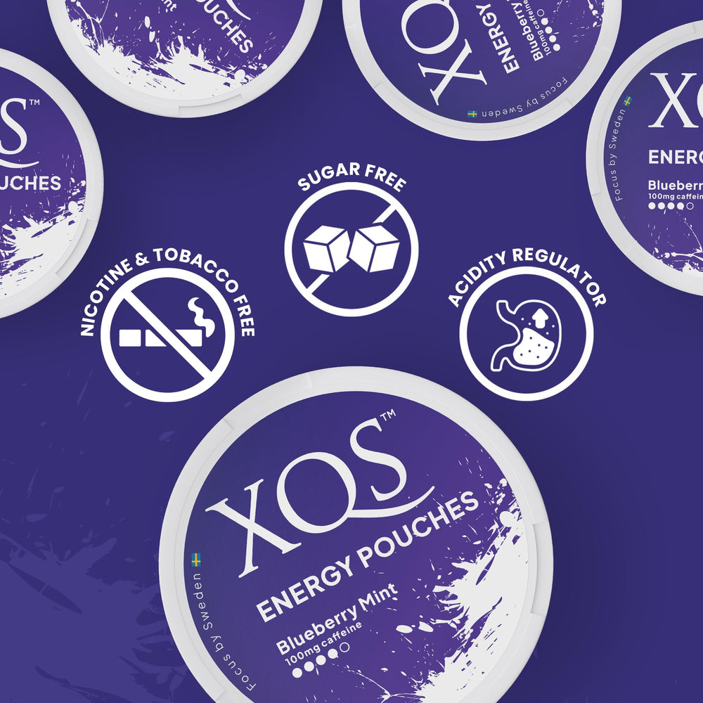 XQS on-the-go energy snack image shows portable caffeine without sugar or nicotine.