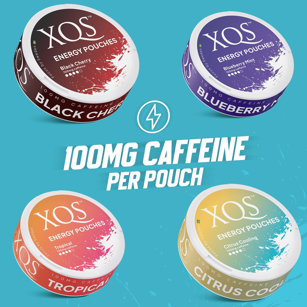 XQS Tropical flavor pouch close-up highlighting bold taste and quick energy.