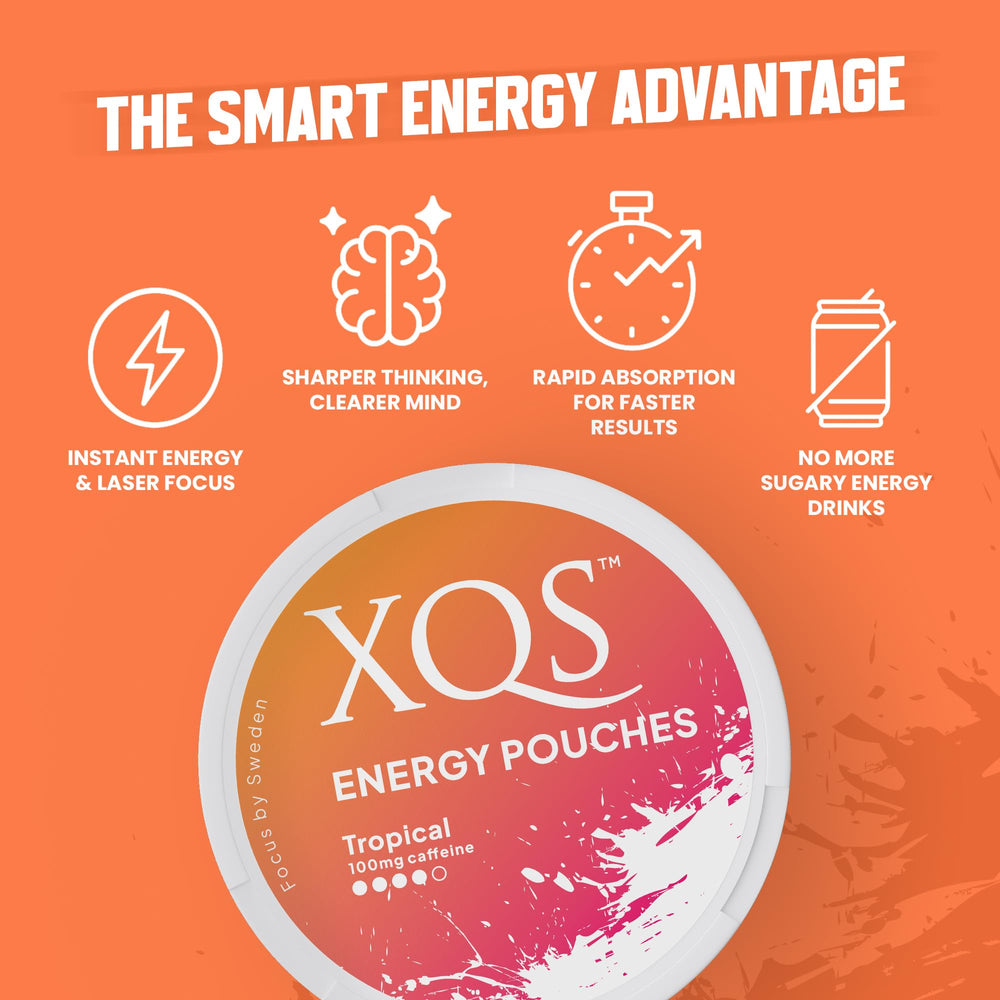 XQS zero sugar, nicotine-free energy pouch label